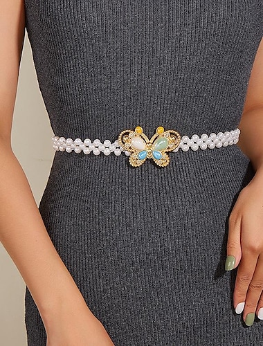 Mujer Cinturón de cadena Plástico Hebilla libre Decoración de perlas Clásico Boda Fiesta Cinturón de perla con hebilla de mariposa de cerámica