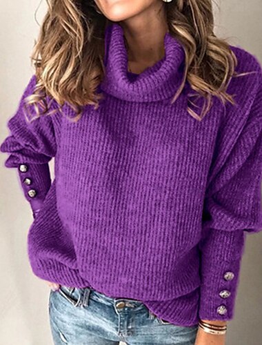  Femme Pull mode Décontractées Flexible Couleur monochrome A côtes Col Roulé Tricoté manche longue Tricoter Extérieur Intérieur Saint Valentin Vert Véronèse Violet Automne Hiver