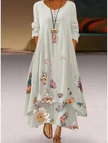  robe longue femme robe maxi blanc jaune rose manches longues imprimé fleuri été printemps automne col rond robe d'été coupe régulière 2023 s m l xl xxl 3xl 4xl 5xl