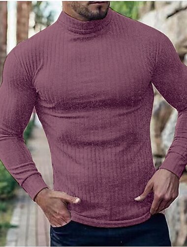  Voor heren T-shirt Coltrui Spier shirt Geribbeld gebreid T-shirt Lange mouw Opgerolde kraag Herfst winter Effen Lichtgewicht Klassiek Casual Buiten Casual Sport Zwart Wit Roze Top T-shirt voor mannen