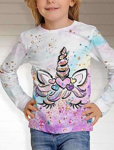  Bambino Da ragazza maglietta Animali Informale Stampa 3D Manica lunga Girocollo stile sveglio 7-13 anni Autunno Multicolore Bianco Rosa