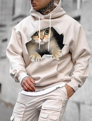  Per uomo Animali Gatto Felpa con cappuccio Felpe Felpa Felpa con cappuccio pullover Manica lunga Felpa con cappuccio Con cappuccio Streetwear Stampa 3D Giornaliero Sport Nero Bianco Stampa Primavera