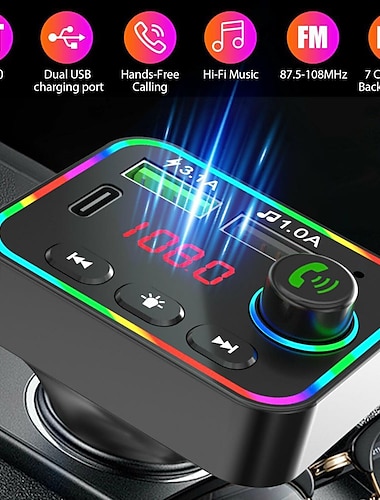  Transmetteur fm Bluetooth avec mise à niveau du système audio de votre voiture et double chargeur USB avec lumière rétroéclairée LED 7 couleurs