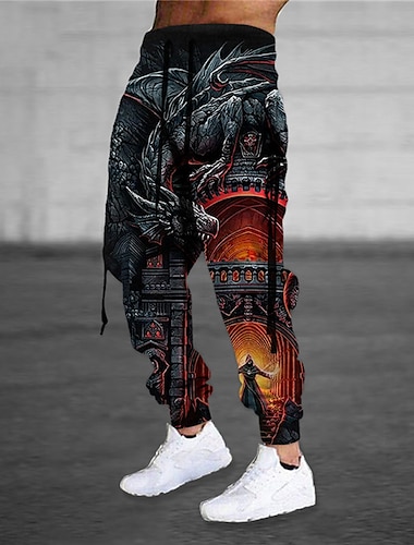  Voor heren Joggingbroeken Jogger Broek Trekkoord Elastische taille 3D-afdrukken dier Draak Grafische prints Comfort Buitensporten Casual Dagelijks Katoenmix Terry Streetwear Ontwerper Oranje Grijs