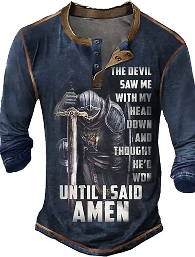  Мужская футболка с длинным рукавом Хенли - графика воина христианской веры 'Дьявол увидел меня... пока я не сказал Аминь'