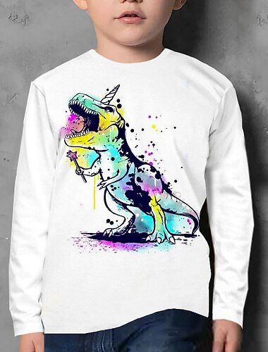  子供 男の子 Tシャツ ティー 動物 恐竜 長袖 クルーネック 子供トップ カジュアル 3Dプリント クール 日常 秋 冬 ホワイト 7-13歳