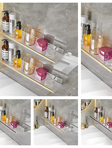  Carrello per doccia Mensola da bagno in acrilico nero/oro, lavabo per WC perforato, scaffale per WC a parete