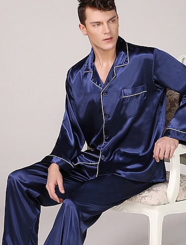  Hombre Satén y Seda Pijama Top y pantalón de pijama Pijama de Seda 2 Piezas Color puro Lujo Hogar Cama Seda sintética Comodidad Manga Larga Pantalón Invierno Otoño Azul puro Cordón azul