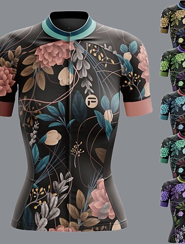  女性用 サイクリングジャージー グラフィック 花 植物 おかしい 半袖 バイク ジャージー トップス 3つのリアポケット付き マウンテンサイクリング ロードバイク 速乾性 ソフト 後ポケット 快適 スポーツ ブラック イエロー ブルー 衣類