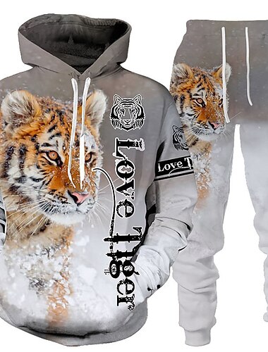  Herren Grafik Tiger 2St 3D Sweatshirt-Sets Trainingsanzug Kapuzenshirts Langarm Lange Hosen Mit Kapuze Streetwear Basic Lässig Sport & Outdoor Lässig Sport Druck Frühling Herbst Weiß + Dunkelgrau