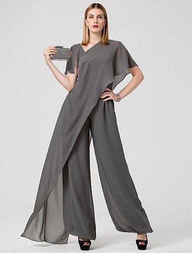  Overalls Abendkleider Elegant Kleid Sommer Boden-Länge Kurzarm V Ausschnitt Abnehmbar Chiffon mit Überkreuzte Rüschen 2024