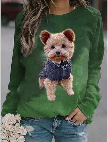  Damen Übergröße Hund Basic Langarm Rundhals Rundhalsausschnitt Normale Oberteile Straße Lässig Marineblau Purpur Grün Grau Herbst Winter