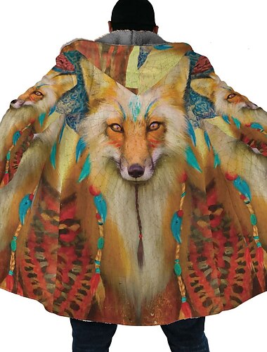 Herren Wintermantel Fleecejacke Mantel Sport & Natur Freizeitskleidung warm halten Atmungsaktiv Zip Tasche Herbst Winter Wolf Bandana-Druck Strassenmode Ethnischer Stil Kapuzenpullover Lang Regular
