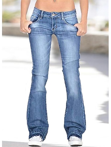  mujer jeans acampanados tiro bajo corte bota largo completo bolsillo denim elástico cintura alta casual diario casual diario azul marino azul claro s m