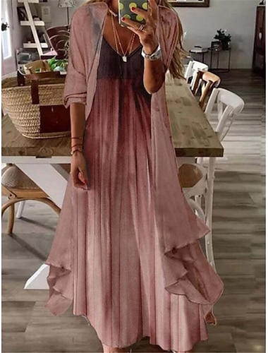  Mulheres Vestido Longo Vestido Maxi Vestido casual Conjunto de vestido Vestido De Duas Peças Vestido de turno Moda Ao ar livre Diário Para Noite Ajuste Largo Âmbar Tribal Flor Manga Longa Decote V