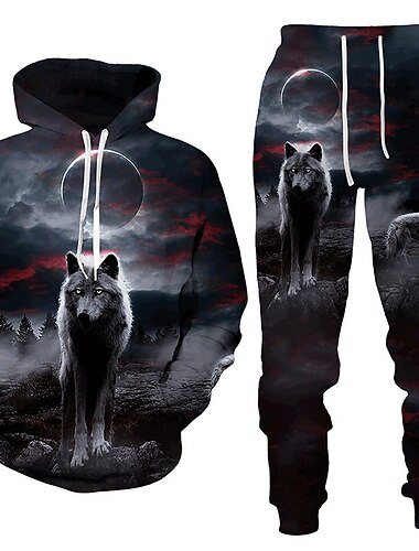  Herren Grafik Tiermotiv Wolf 2St 3D Sweatshirt-Sets Trainingsanzug Kapuzenshirts Langarm Lange Hosen Mit Kapuze Streetwear Designer Basic Sport & Outdoor Lässig Sport Druck Frühling Herbst Schwarz