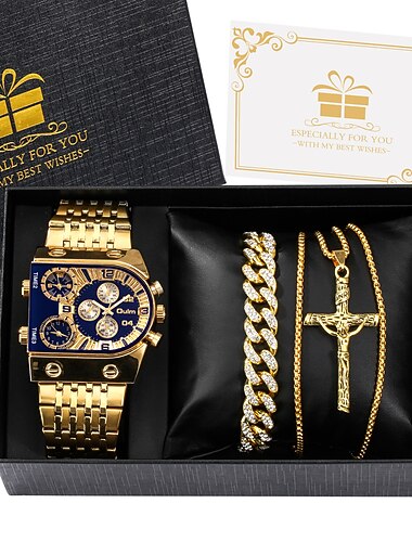  Conjunto de relógio de quartzo masculino Conjunto de presente Relógio de pulso de negócios para homens Presente de luxo Colar e pulseira de ouro Pulseira de aço inoxidável Mostrador quadrado