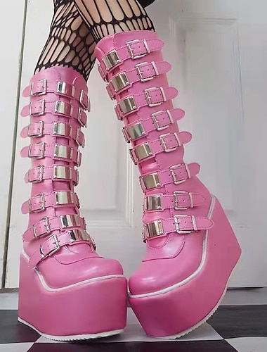  женская обувь сапоги до колена с круглым носком панк-лолита панк-готика туфли на массивном каблуке 11 см лолита черный розовый искусственная кожа