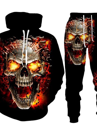  Herren Grafik Schädel Skelett 2St 3D Sweatshirt-Sets Trainingsanzug Kapuzenshirts Langarm Lange Hosen Mit Kapuze Streetwear Designer Basic Sport & Outdoor Lässig Sport Druck Frühling Herbst Schwarz