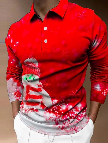  jul menns julescene 3d polo golf snømann turndown gul rød blå grønn 3d print street casual lange ermer button-down print klær klær mote designer casual pustende