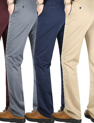  Hombre pantalones de traje Pantalones Bolsillo Pierna recta Plano Boda Oficina Trabajo Mezcla de Algodón Moderno Formal Blanco Vino Alta cintura Microelástico