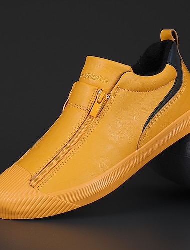  baskets à enfiler en cuir jaune pour hommes avec fermeture à glissière pour une tenue décontractée