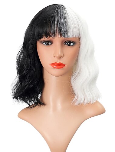  Kort blond paryk med pink striber parykker med pandehår kvinders blonde blandet pink bob paryk krøllet bølget syntetisk cosplay paryk skulderlængde paryk til pigers Halloween cosplay fest parykker