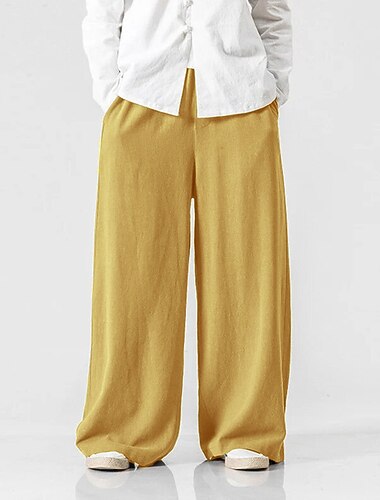  رجالي سروال الكتان بنطلونات السراويل الصيفية سروال الشاطئ مرونة الخصر ساق عريضه انسيابي سهل راحة الأماكن المفتوحة مناسب للبس اليومي مناسب للخارج هيب هوب اليوجا أبيض أصفر