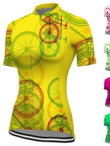  女性用 サイクリングジャージー 半袖 バイク ジャージー トップス 3つのリアポケット付き マウンテンサイクリング ロードバイク 高通気性 速乾性 吸汗性 反射性ストリップ イエロー ダークグリーン ローズレッド グラフィック スポーツ 衣類