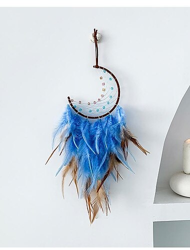  luna acchiappasogni regalo fatto a mano piuma gancio fiore carillon di vento ornamento appeso a parete arredamento arte stile boho 16x55cm / 6.3''x22''