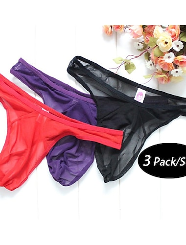  Men's 3 Pack Thongs Thong Underwear Sexy Panties G-string Underwear String Mesh Mesh Solid Colored Low Waist Black Red