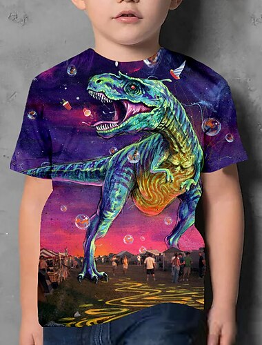  Barn Gutt T skjorte T-skjorte Dyr Dinosaur Kortermet Crewneck Barn Topp Avslappet 3D-utskrift Kul Daglig Sommer Lilla 3-12 år