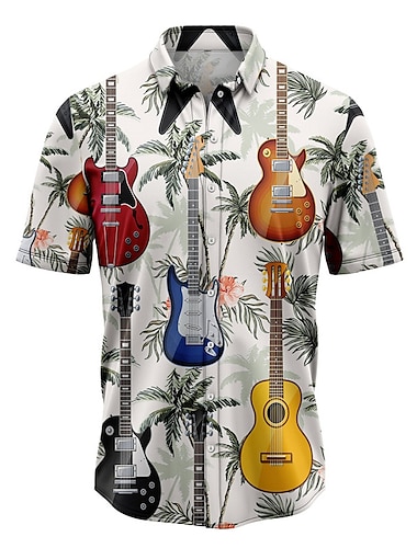  Herr Guitarr Musiknoter Skjorta Hawaii skjorta Knapp upp skjorta Kort ärm Tropisk Mode Hawaiisk Gata Ledigt Hawaiisk Sommar Vår Nedvikt Mönster Button-Down Grå