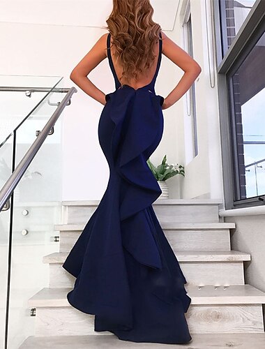  Meerjungfrau Abendkleid Offene Rückseite Kleid Formeller Hochzeitsgast Gerichtschleppe Trägerlos V-Ausschnitt Stretchstoff mit Schleife(n) Rüschen Maskerade Kleid 2025