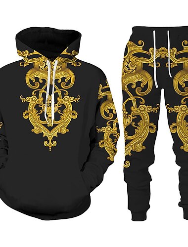  Herren Grafik Blumenmuster 2St 3D Sweatshirt-Sets Trainingsanzug Kapuzenshirts Langarm Lange Hosen Mit Kapuze Streetwear Designer Basic Sport & Outdoor Lässig Sport Druck Frühling Herbst Schwarz