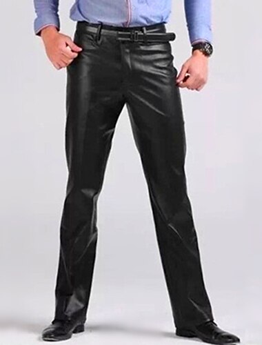  Men's Dress Pants Winter Pants Trousers Faux Leather Shorts Pocket Straight Leg Solid Colored Comfort Warm Wedding Office Business Faux Leather Streetwear Casual Black Micro-elastic