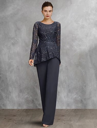  Ensemble de deux pièces combinaison pantalon mère de la mariée invité de mariage formel église élégante col arrondi longueur sol chiffon dentelle manches longues avec sequins 2025 taille