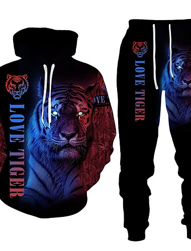 Herren Grafik Tiger 2St 3D Sweatshirt-Sets Trainingsanzug Kapuzenshirts Langarm Lange Hosen Mit Kapuze Streetwear Basic Lässig Sport & Outdoor Lässig Sport Druck Frühling Herbst Gelb / schwarz Gelb