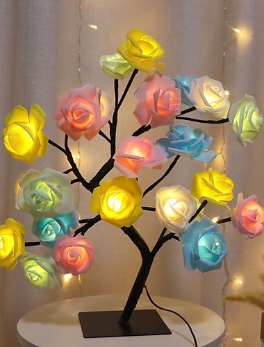  ha condotto la lampada da tavolo del fiore della rosa luci fiabesche dell'albero di san valentino 24ha portato le luci dell'albero del fiore della rosa lampada da tavolo usb di san valentino fata foglia d'acero luce notturna festa di natale regalo di deco