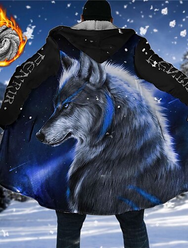  Herren Wintermantel Fleecejacke Mantel Sport & Natur Freizeitskleidung warm halten Atmungsaktiv Zip Tasche Herbst Winter Tier Wolf Modisch Strassenmode Kapuzenpullover Lang Regular Fit Schwarz Gelb