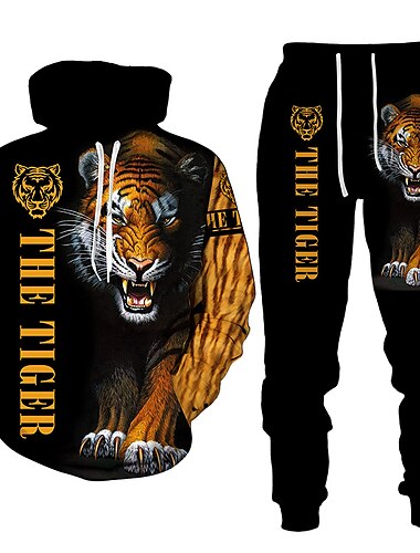 Hombre Graphic Tigre 2 piezas Conjuntos de sudaderas 3D Chándal Sudaderas Manga Larga Pantalones largos Con Capucha Ropa de calle Básico Casual Deporte Casual Deportes Estampado Primavera Otoño