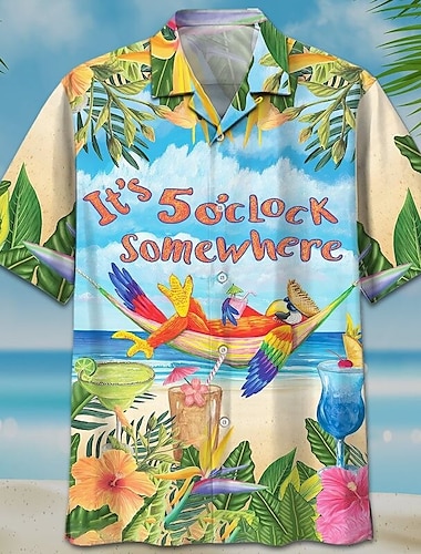  Herre Skjorte Hawaii skjorte Klokken er 5 Somewhere Shirt Bokstaver Grafiske trykk Papegøye Strand Aftæpning Hvit Blå Himmelblå Blå / Hvit Avslappet Hawaiisk Kortermet Trykt mønster Knapp ned Klær