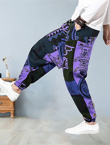  Voor heren Broek Zomerbroek Knickerbockers (dames) zakkerig Harembroek Trekkoord Elastische taille Grafische prints Comfort Casual Dagelijks Feestdagen Katoenmix Sport Ontwerper Paars Oranje