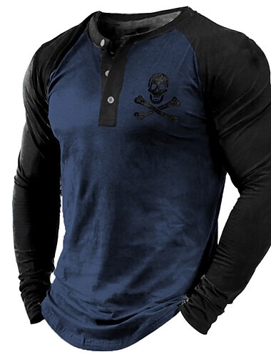  Herren Totenkopf Motiv Grafik-Drucke Henley Shirt Cooles Hemd langarmshirt Langarm Heißprägen Designer Basic Moderne zeitgenössische Urlaub Strasse Ausgehen Frühling & Herbst Schwarz Weiß Grau