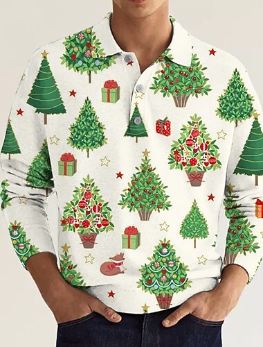  natale uomo albero di natale polo 3d albero da golf stampe grafiche turndown bianco verde chiaro rosso verde scuro verde stampa 3d strada casual manica lunga stampa abbottonatura abbigliamento