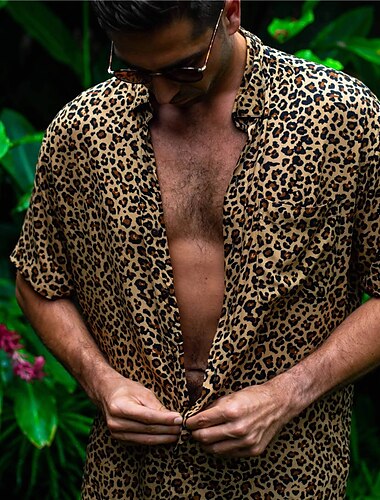  Pánské Leopard Košile Košile na knoflíky Krátký rukáv Tropický vzhled Módní Havajské Venkovní Plážové Léto Jaro Přehnutý Tisk Tlačítko dolů Hnědá