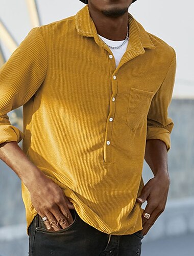  Voor heren Zomer overhemd Normaal shirt Corduroyshirt Geel Rood Lange mouw Effen Revers Buiten Alledaagse kleding nappi Kleding Casual Comfortabel