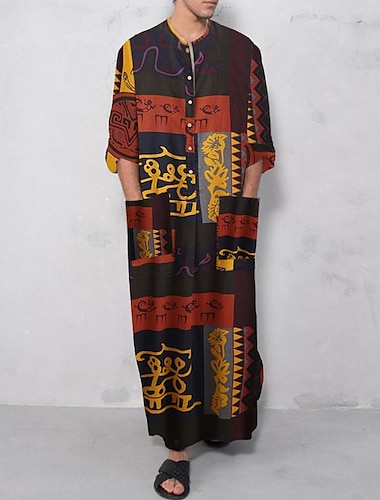  Hombre Ropa de salón Bata de noche Camisa de dormir Estampados Elegante Confort Batas tipo kimono Hogar Diario Mezcla de Algodón Comodidad Suave Manga Larga Primavera Otoño Negro Naranja