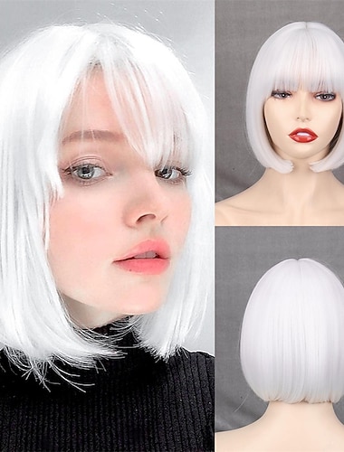  court blanc bob perruque frange droite blanc perruque pour les femmes naturel synthétique court blanc perruque frange pour la fête quotidienne cosplay halloween