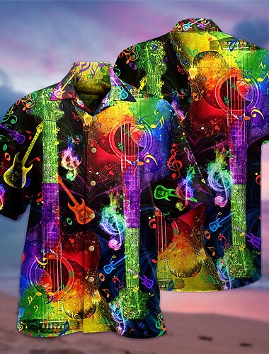  Voor heren Gitaar Overhemd Hawaiiaans overhemd Overhemd met knopen Korte mouw Tropisch Modieus Hawaii Casual Hawaii Feestdagen Zomer Lente Strijkijzer Afdrukken Button-omlaag blauw Groen